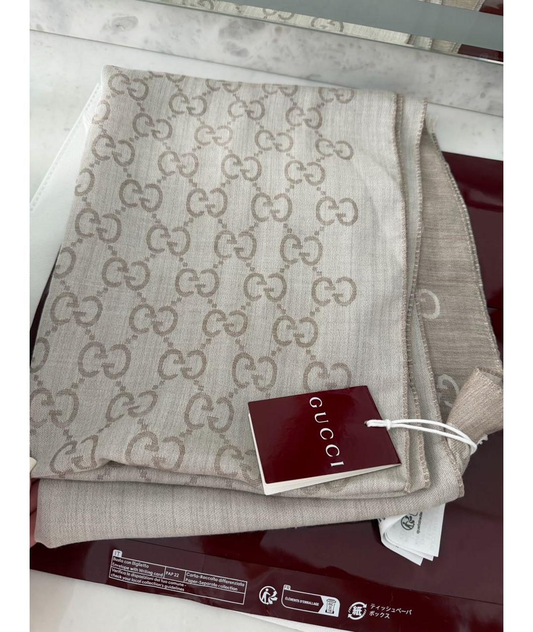 GUCCI Бежевый шерстяной шарф, фото 3