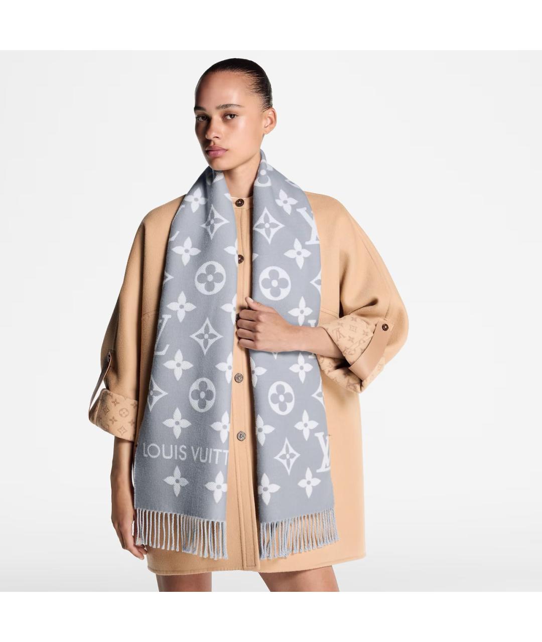 LOUIS VUITTON Серый шерстяной шарф, фото 4