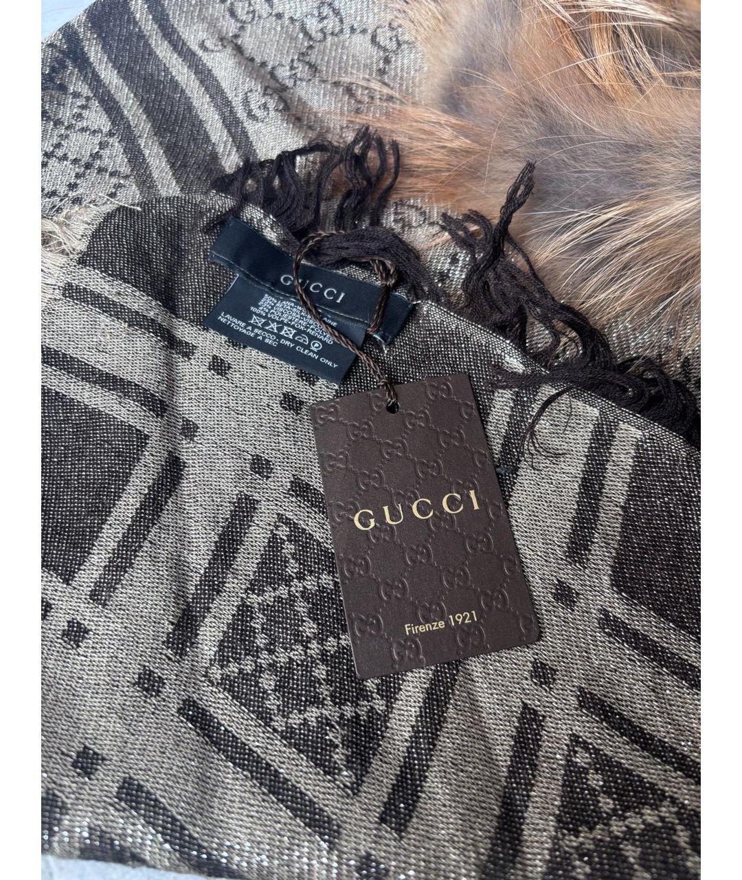 GUCCI Коричневый шерстяной шарф, фото 3