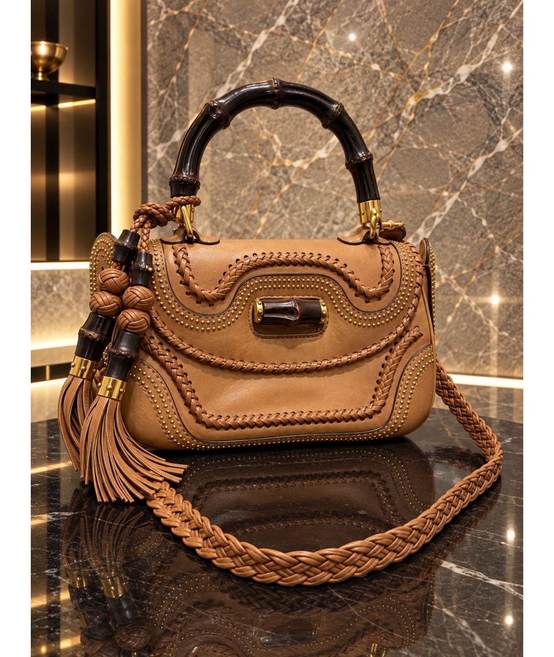 GUCCI Бежевая кожаная сумка с короткими ручками, фото 7