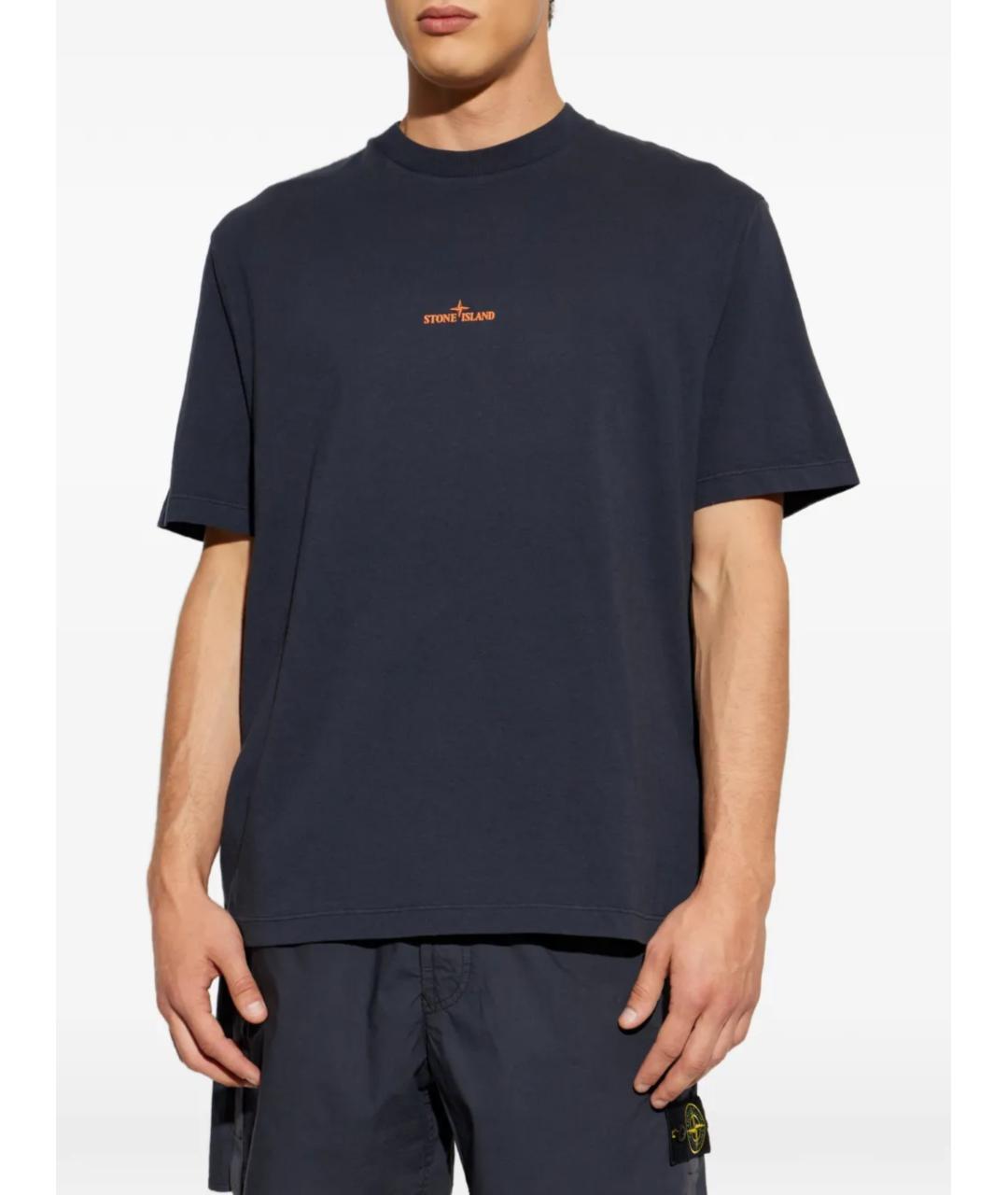 STONE ISLAND Темно-синяя хлопковая футболка, фото 2