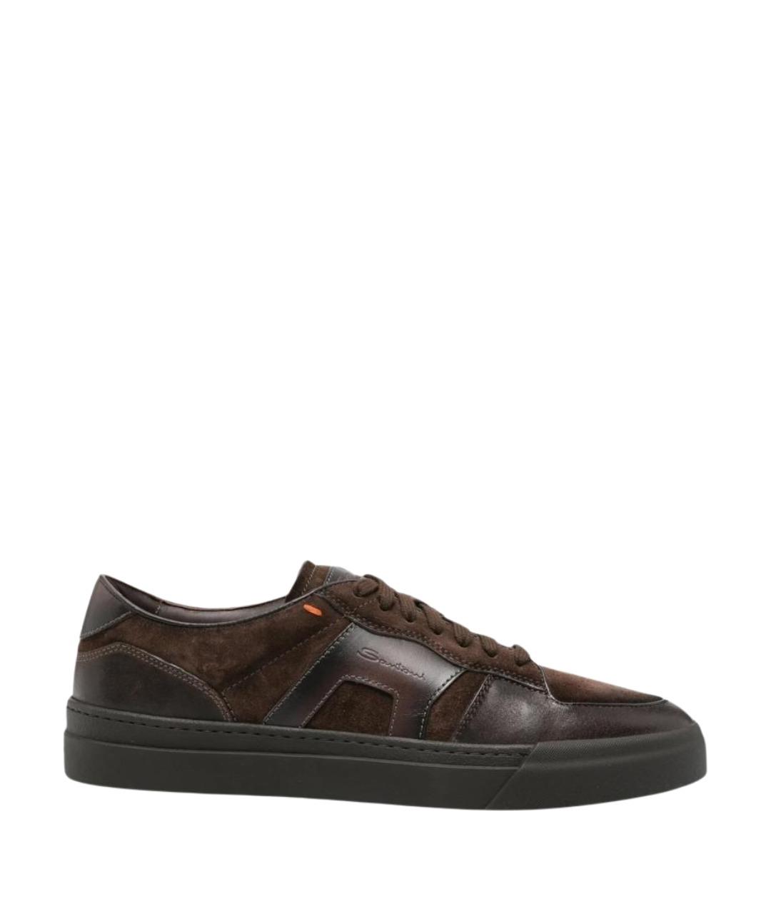 SANTONI Коричневые кожаные низкие кроссовки / кеды, фото 1