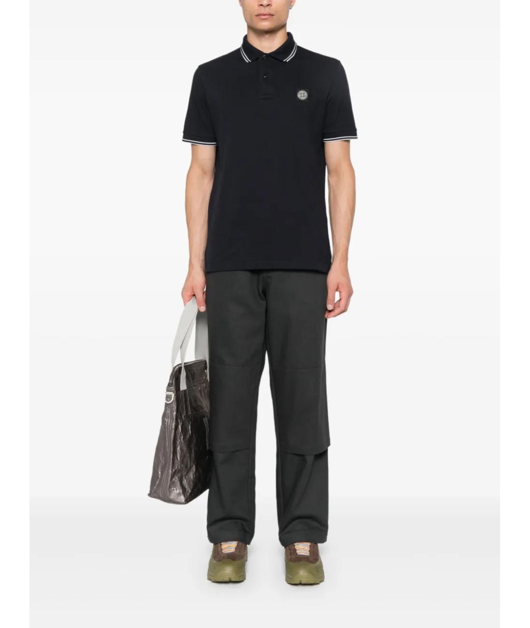 STONE ISLAND Темно-синее хлопко-эластановое поло с коротким рукавом, фото 2