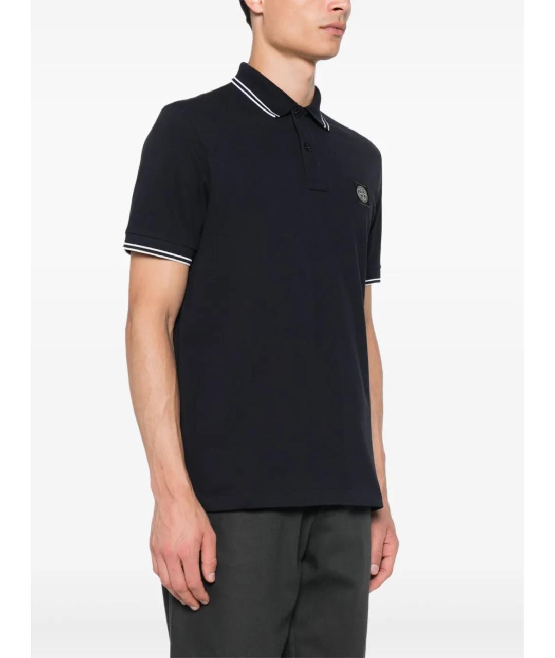 STONE ISLAND Темно-синее хлопко-эластановое поло с коротким рукавом, фото 3