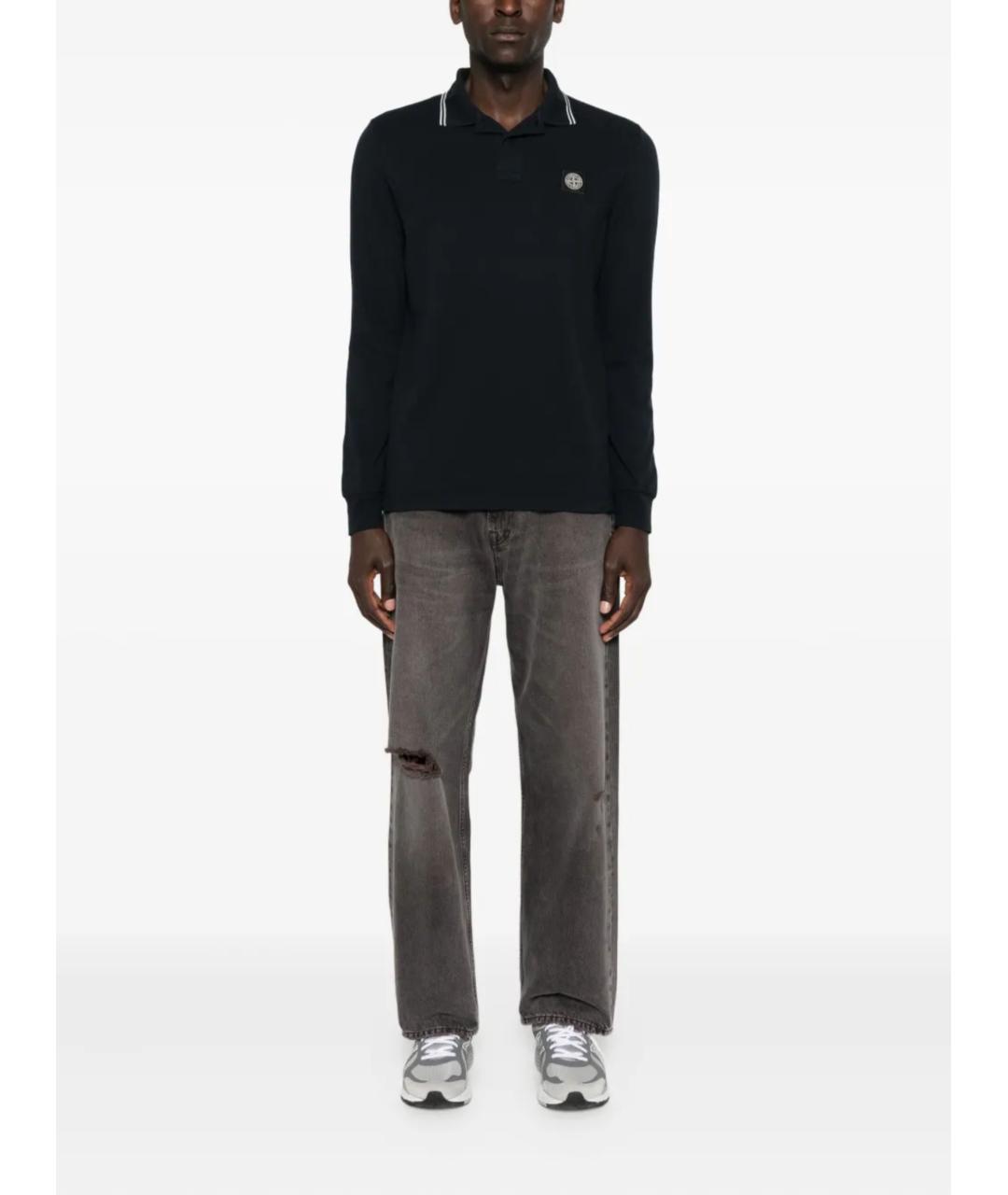 STONE ISLAND Темно-синее хлопко-эластановое поло с длинным рукавом, фото 2