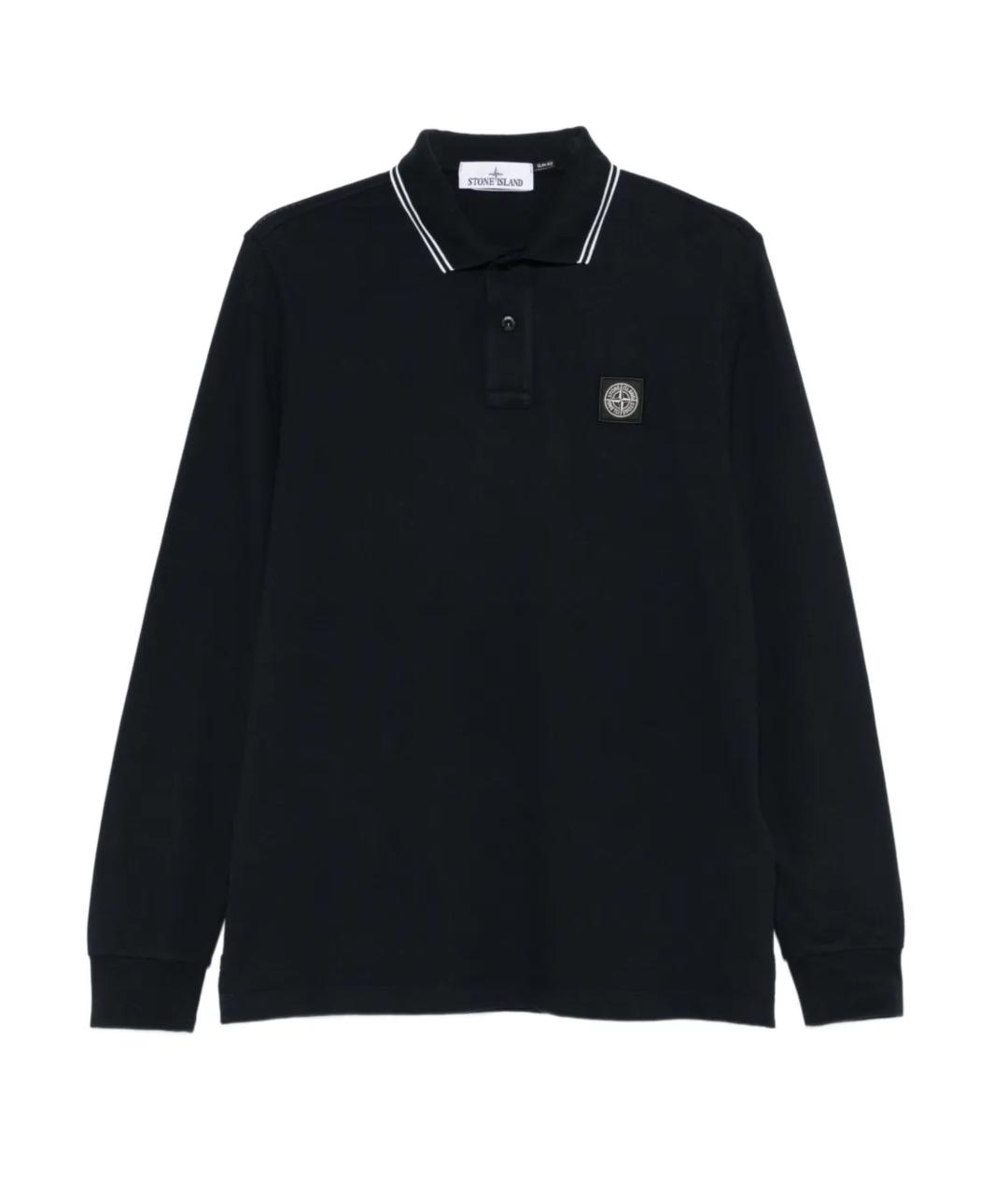 STONE ISLAND Темно-синее хлопко-эластановое поло с длинным рукавом, фото 1