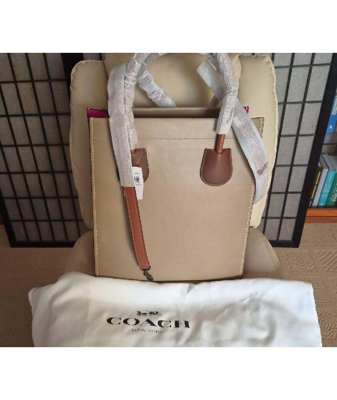 COACH Бежевая кожаная сумка тоут, фото 8
