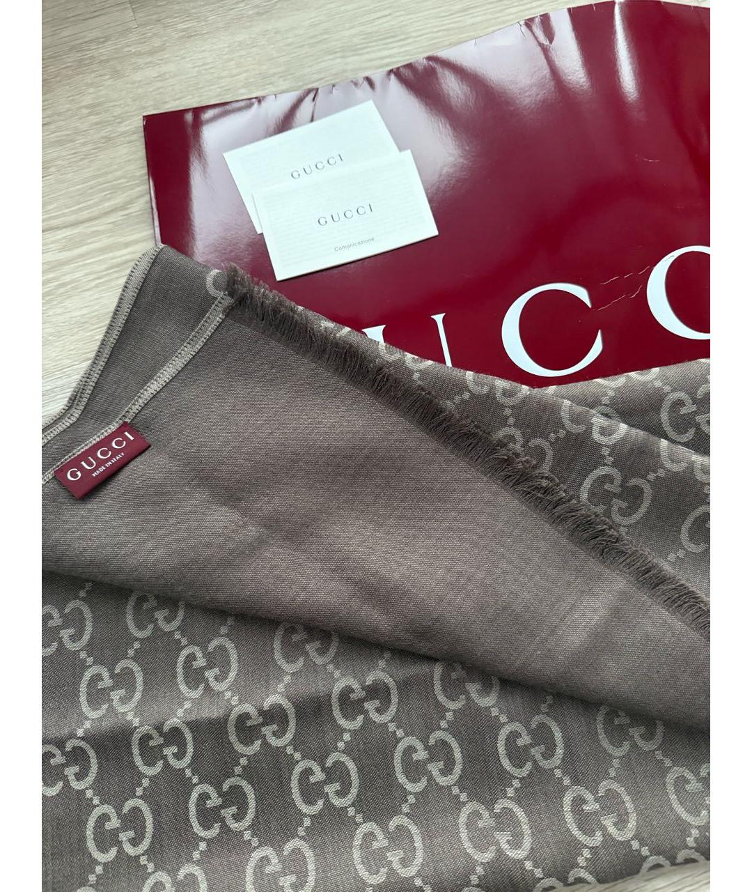 GUCCI Коричневый шерстяной шарф, фото 4
