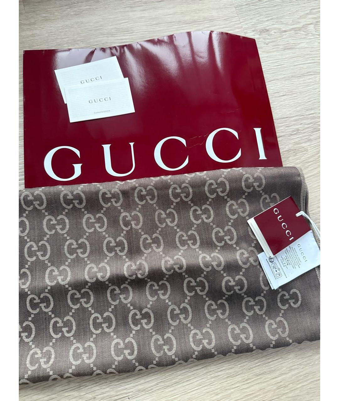 GUCCI Коричневый шерстяной шарф, фото 3