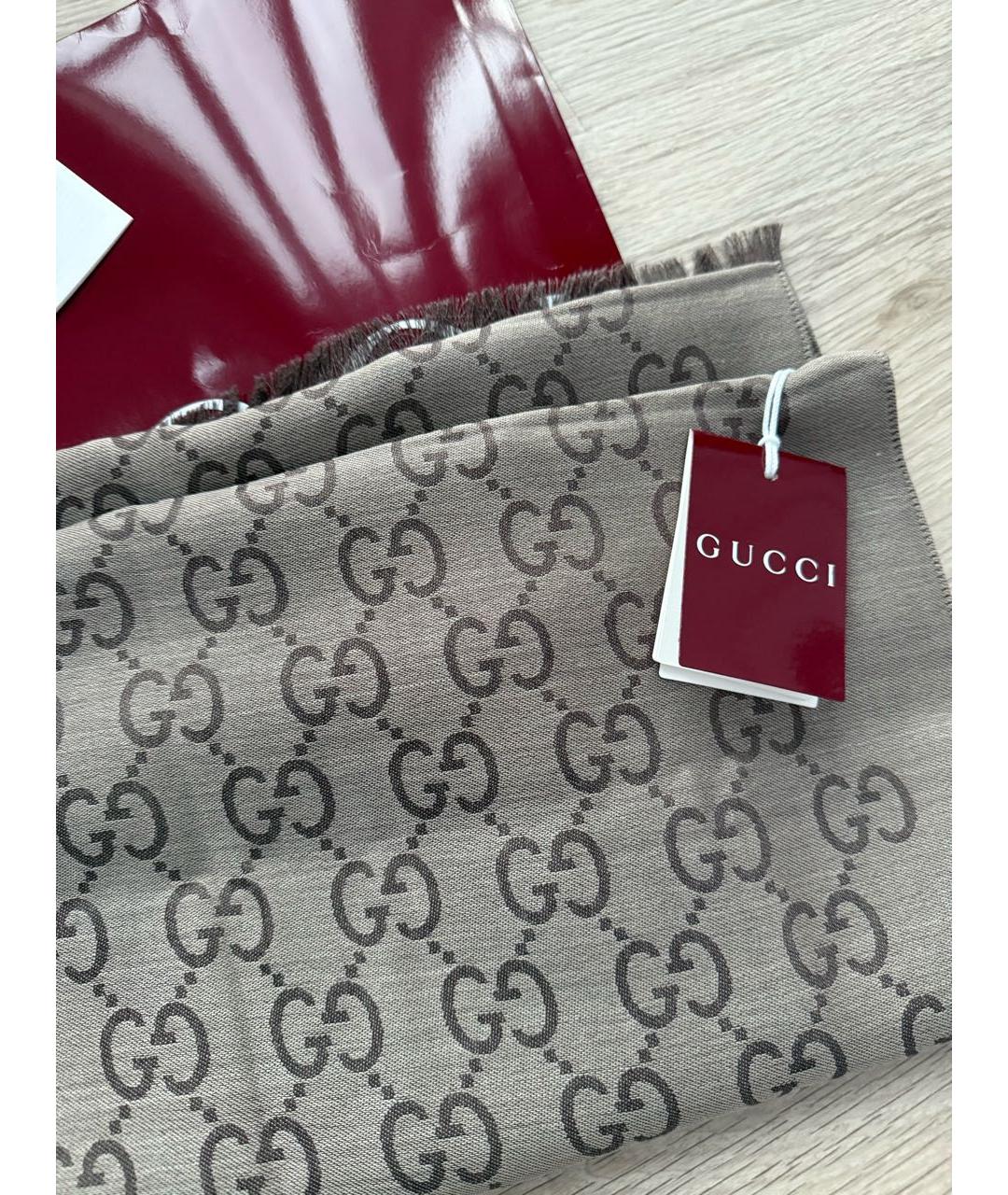 GUCCI Коричневый шерстяной шарф, фото 6