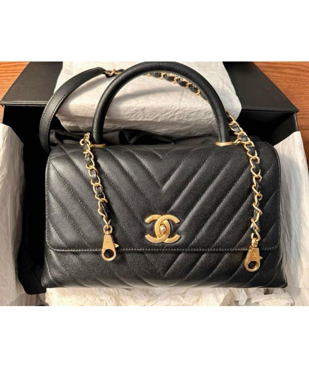 CHANEL Черная кожаная сумка с короткими ручками, фото 8