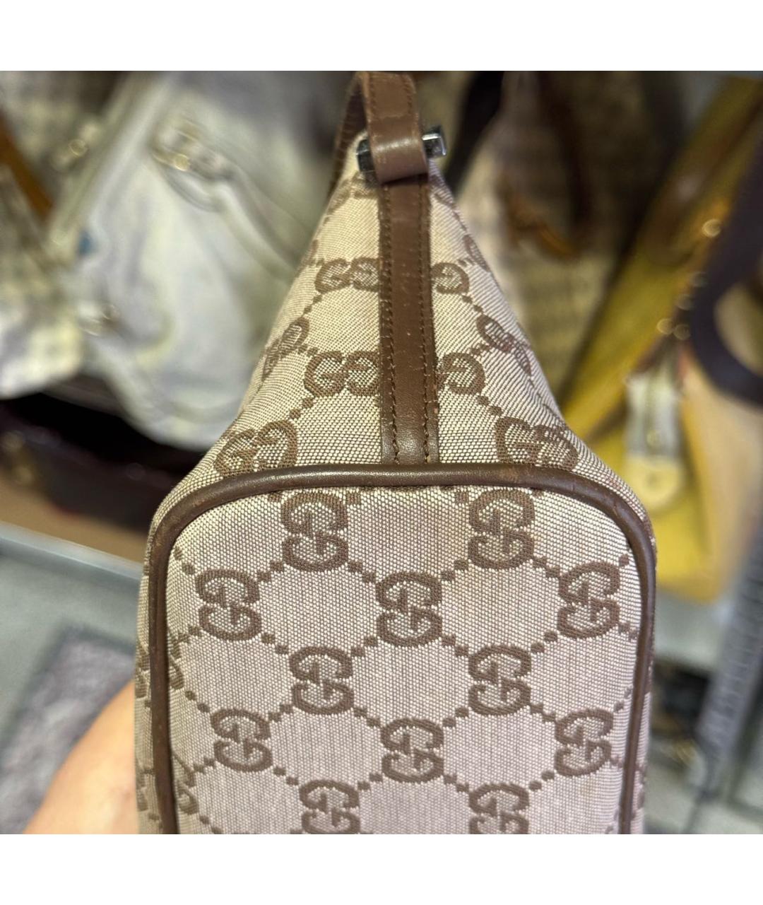 GUCCI Бежевая жаккардовая сумка с короткими ручками, фото 4