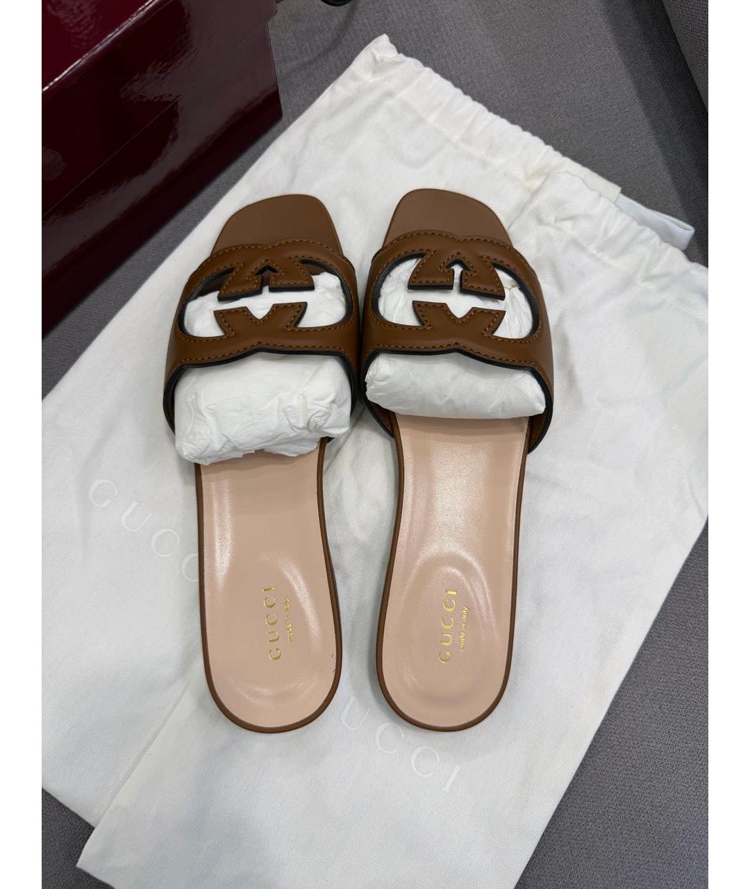 GUCCI Коричневые кожаные шлепанцы, фото 3