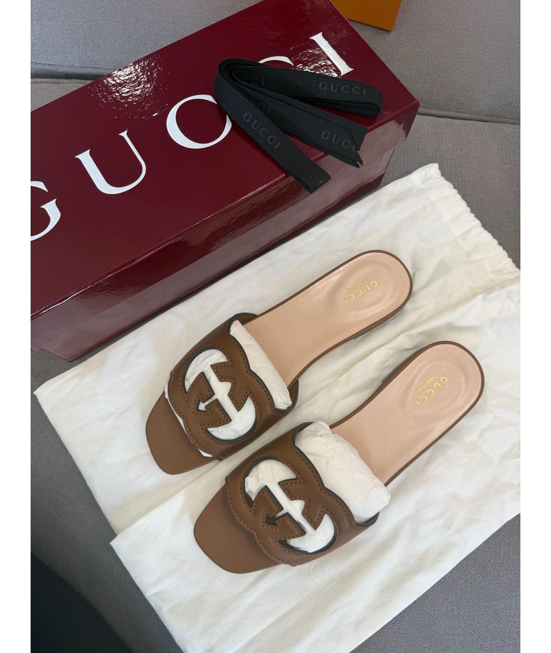 GUCCI Коричневые кожаные шлепанцы, фото 5