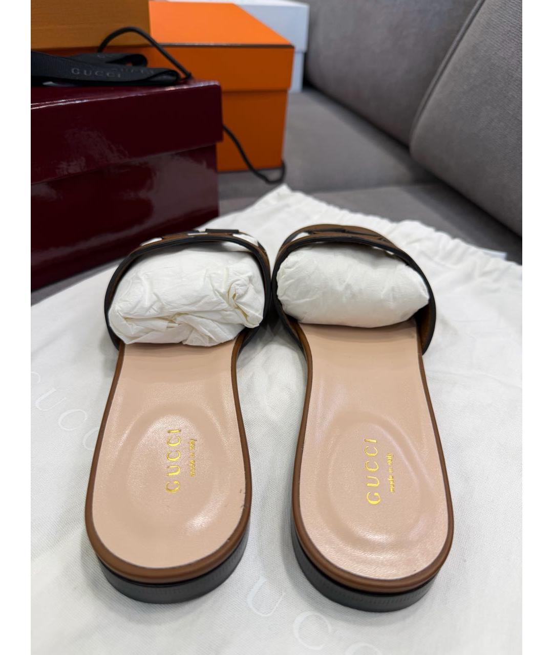 GUCCI Коричневые кожаные шлепанцы, фото 4