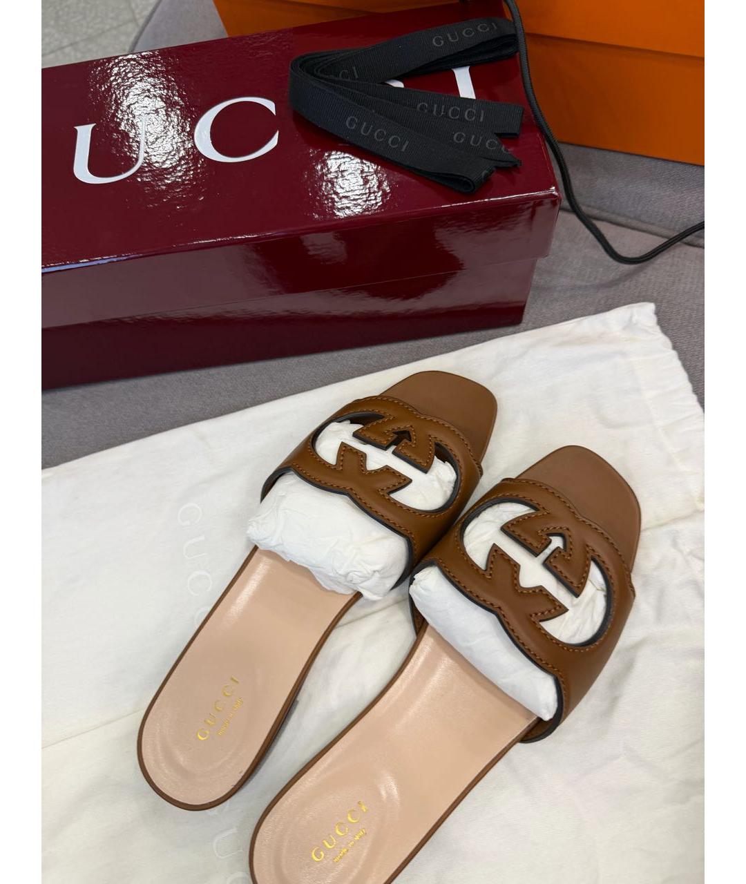 GUCCI Коричневые кожаные шлепанцы, фото 6