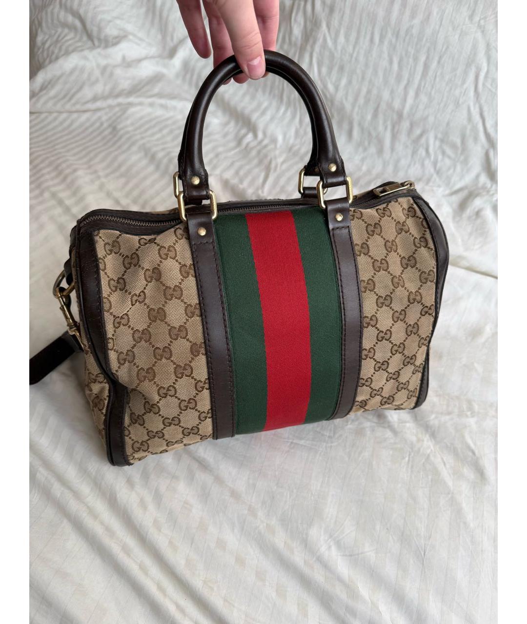 GUCCI Коричневая тканевая сумка с короткими ручками, фото 2