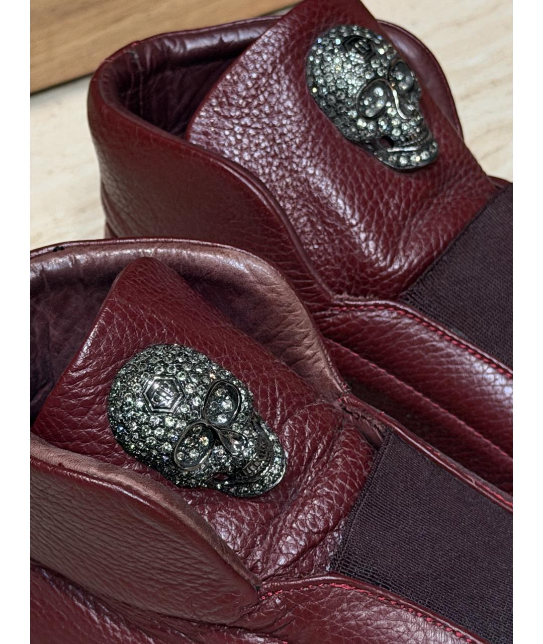 PHILIPP PLEIN Бордовые кожаные кроссовки, фото 5