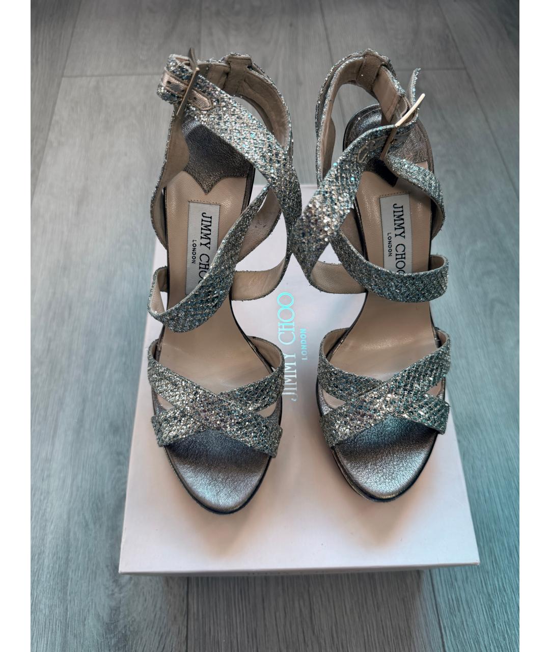 JIMMY CHOO Серебряные кожаные босоножки, фото 2