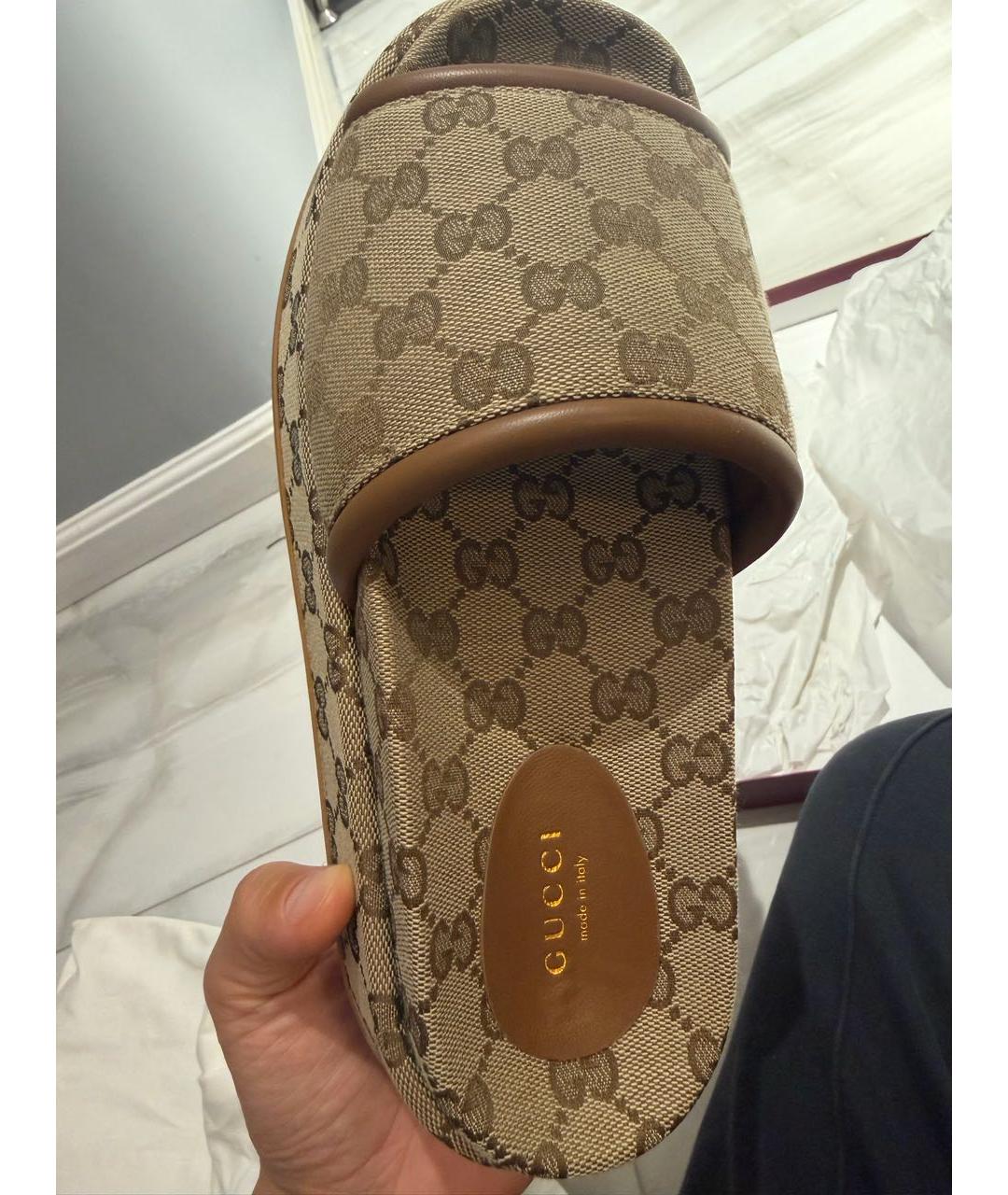 GUCCI Коричневые текстильные шлепанцы, фото 2