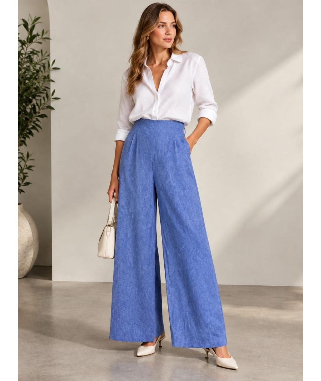 MAX MARA Голубые льняные брюки широкие, фото 6