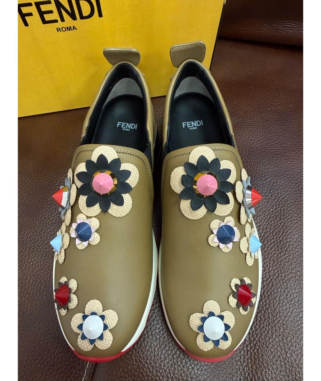 FENDI Хаки кожаные лоферы, фото 2