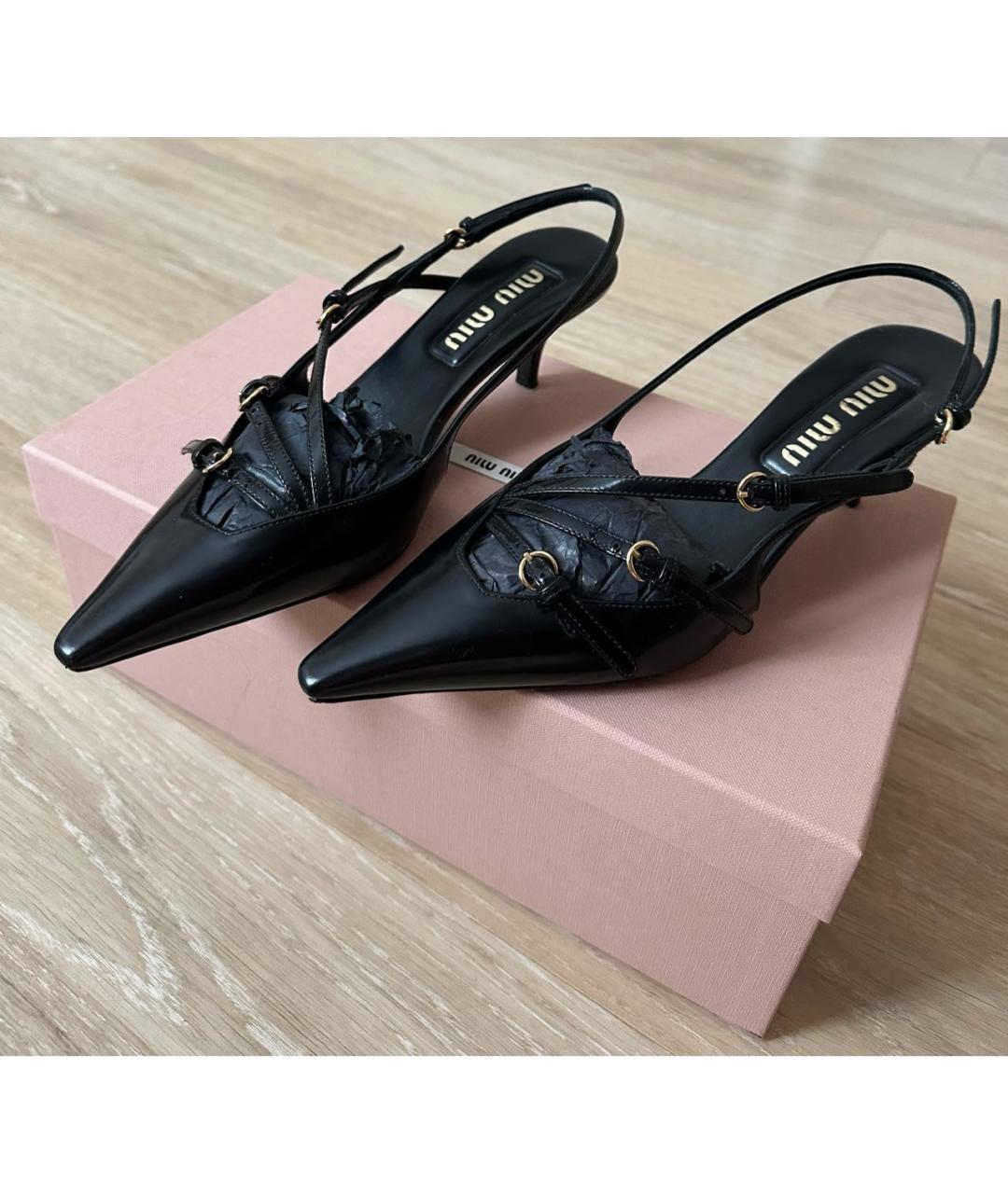 MIU MIU Черные кожаные лодочки на низком каблуке, фото 4