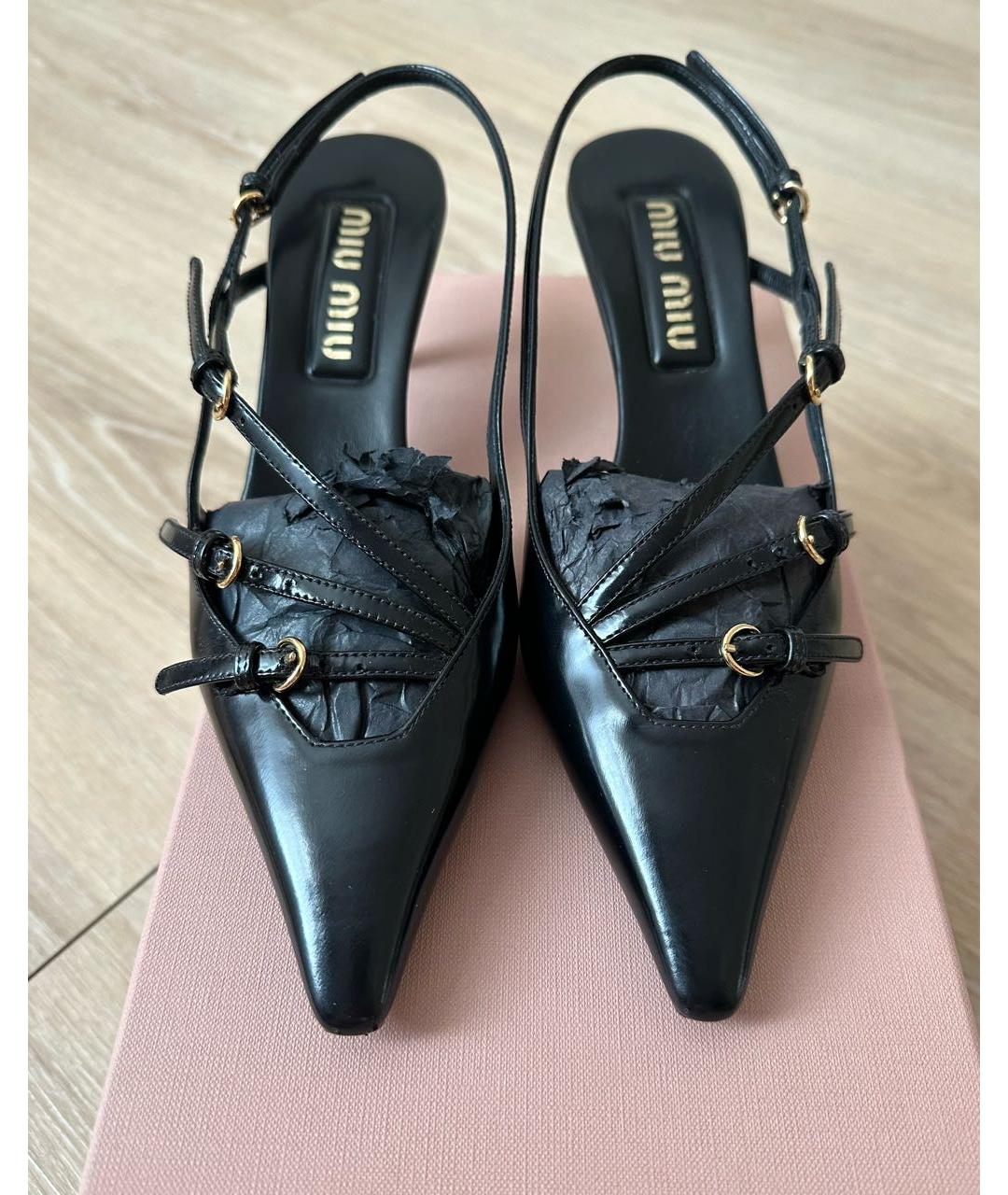 MIU MIU Черные кожаные лодочки на низком каблуке, фото 2