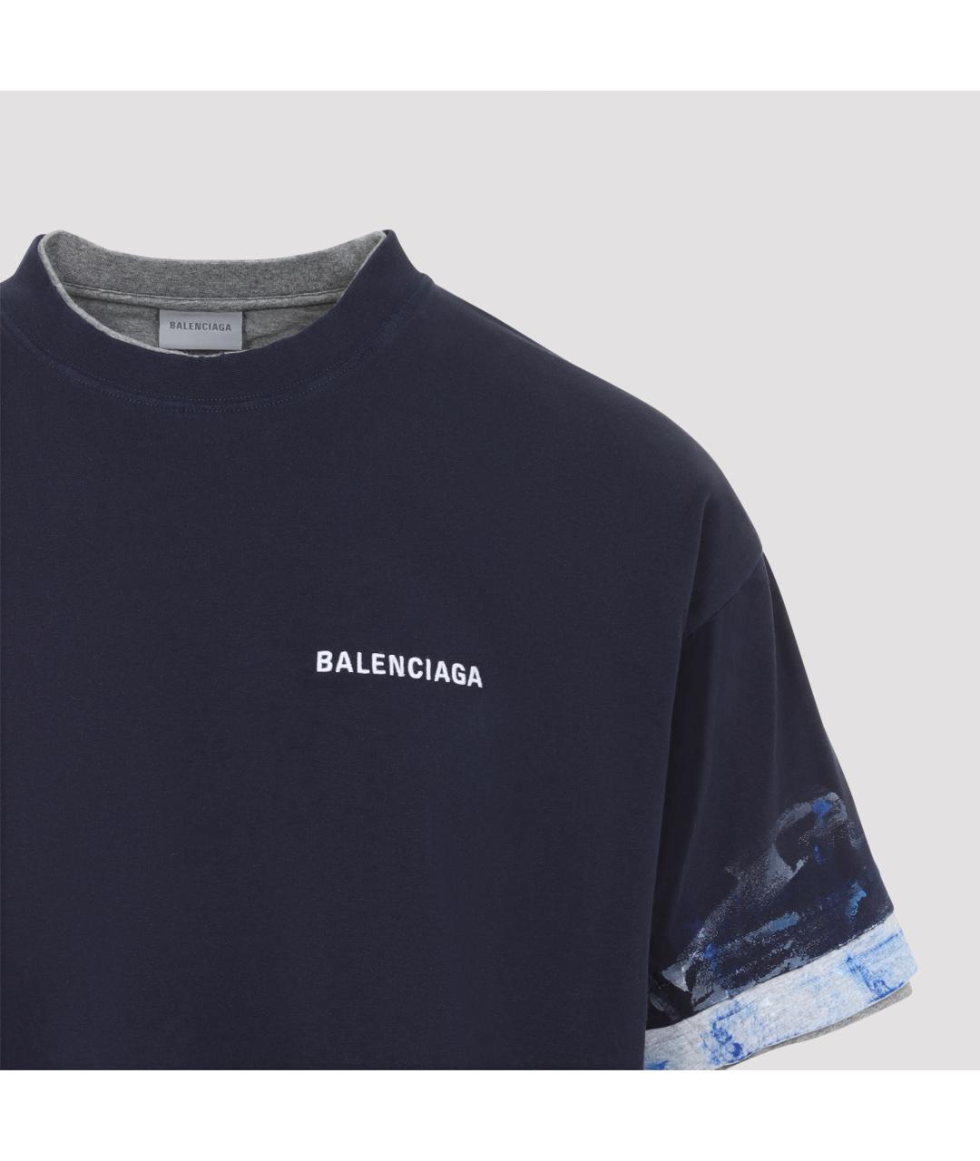 BALENCIAGA Темно-синяя хлопковая футболка, фото 4