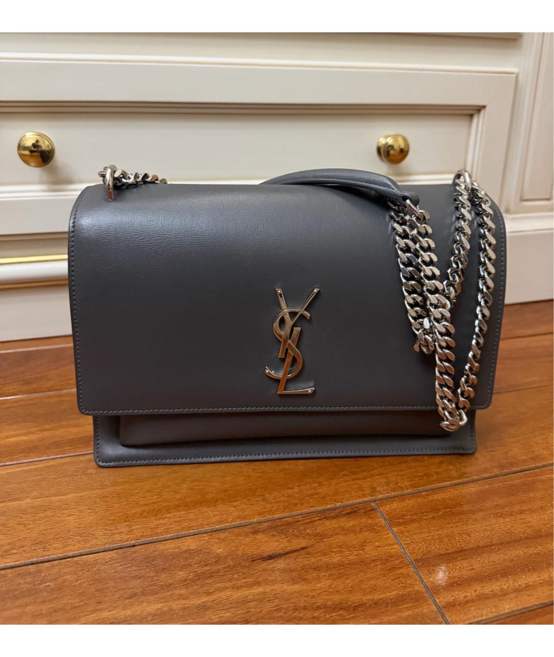 SAINT LAURENT Антрацитовая кожаная сумка с короткими ручками, фото 7