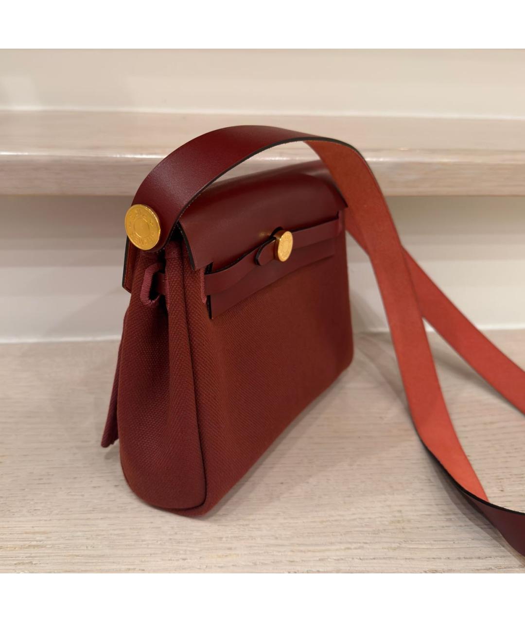 HERMES Бордовая сумка через плечо из канвы, фото 2