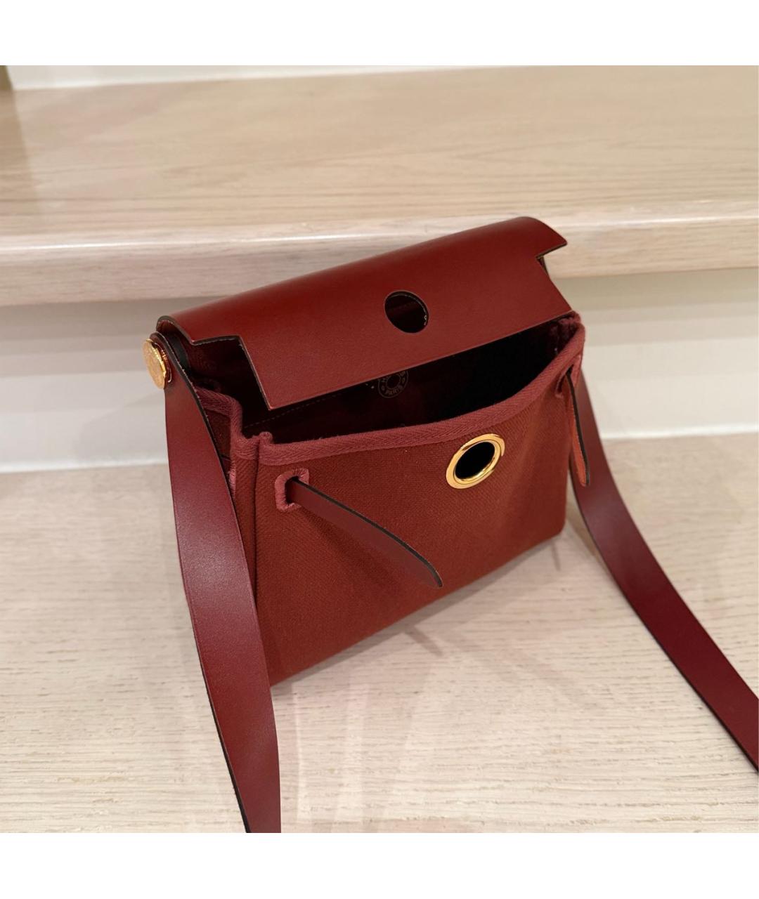 HERMES Бордовая сумка через плечо из канвы, фото 4