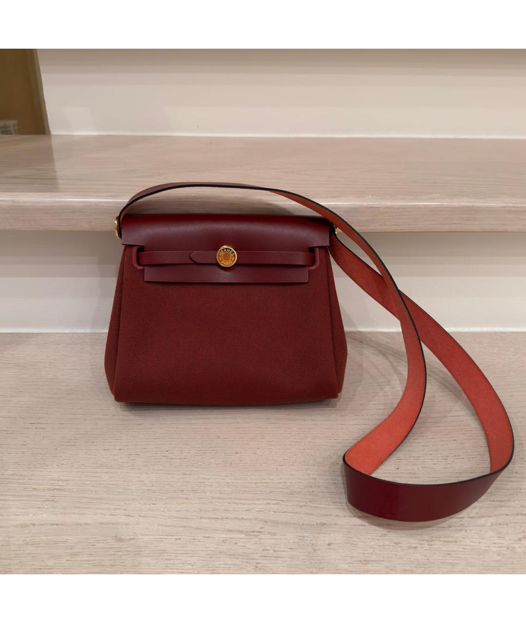 HERMES Бордовая сумка через плечо из канвы, фото 5