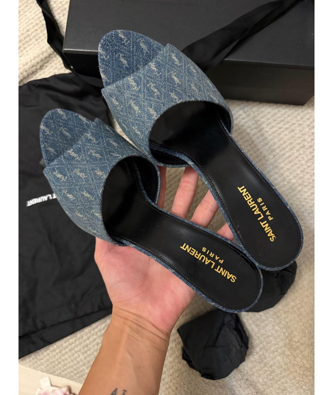 SAINT LAURENT Синие текстильные мюли, фото 3