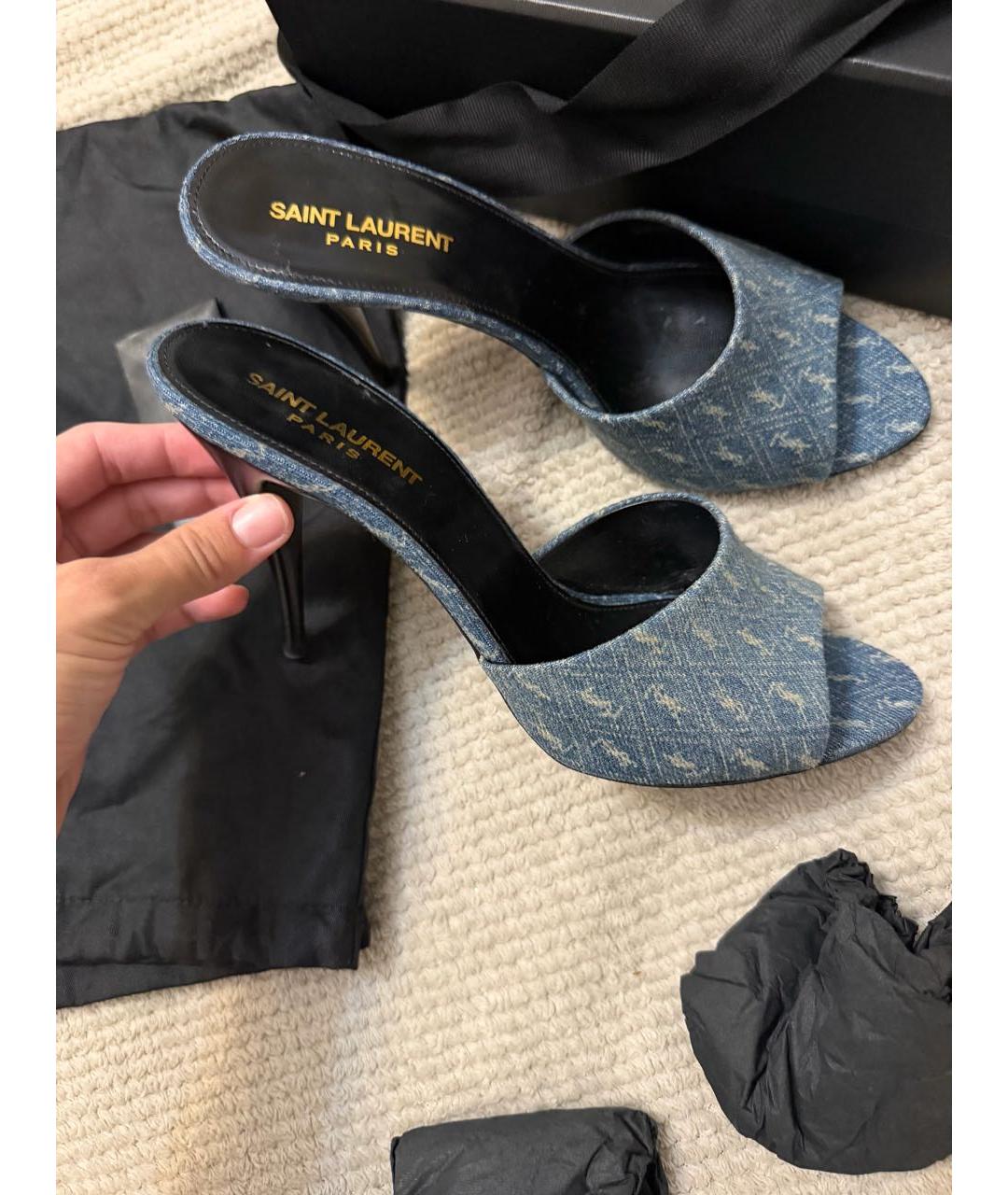 SAINT LAURENT Синие текстильные мюли, фото 2