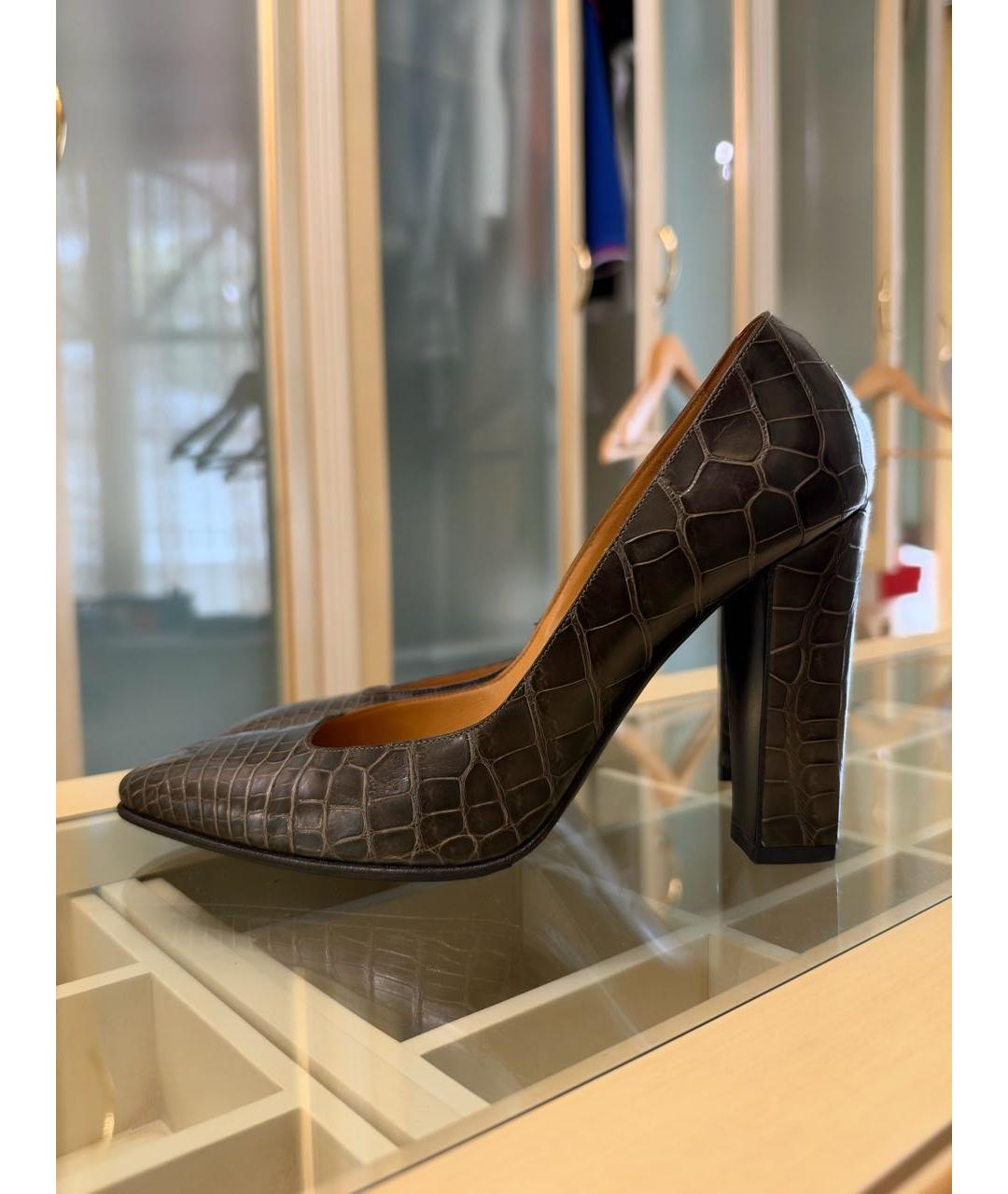 HERMES Антрацитовые туфли из кожи крокодила, фото 6