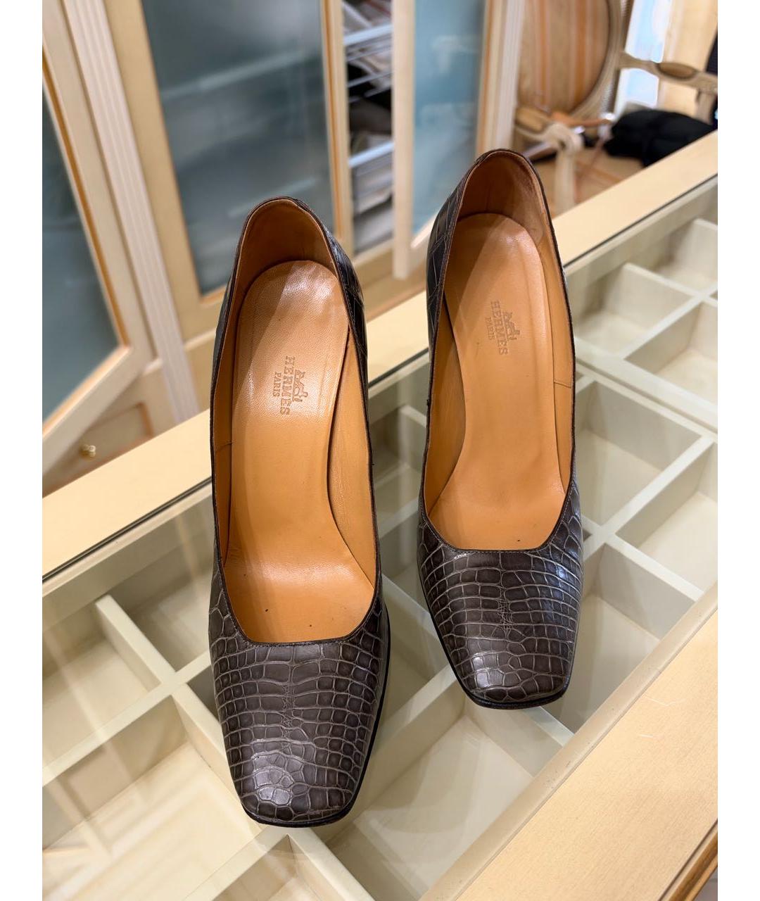 HERMES Антрацитовые туфли из кожи крокодила, фото 5