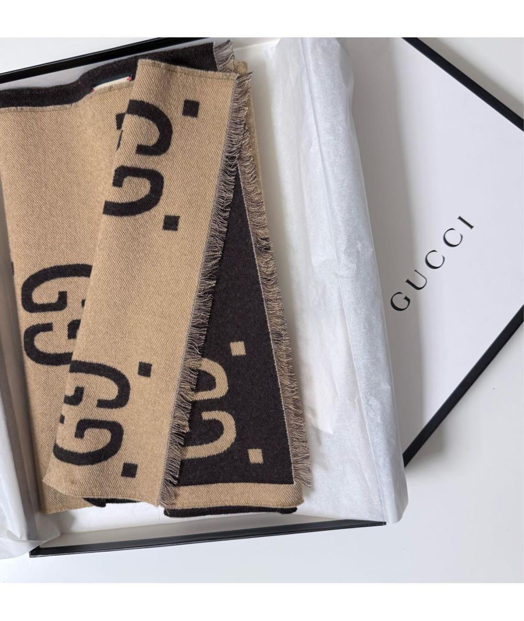 GUCCI Коричневый шерстяной шарф, фото 8