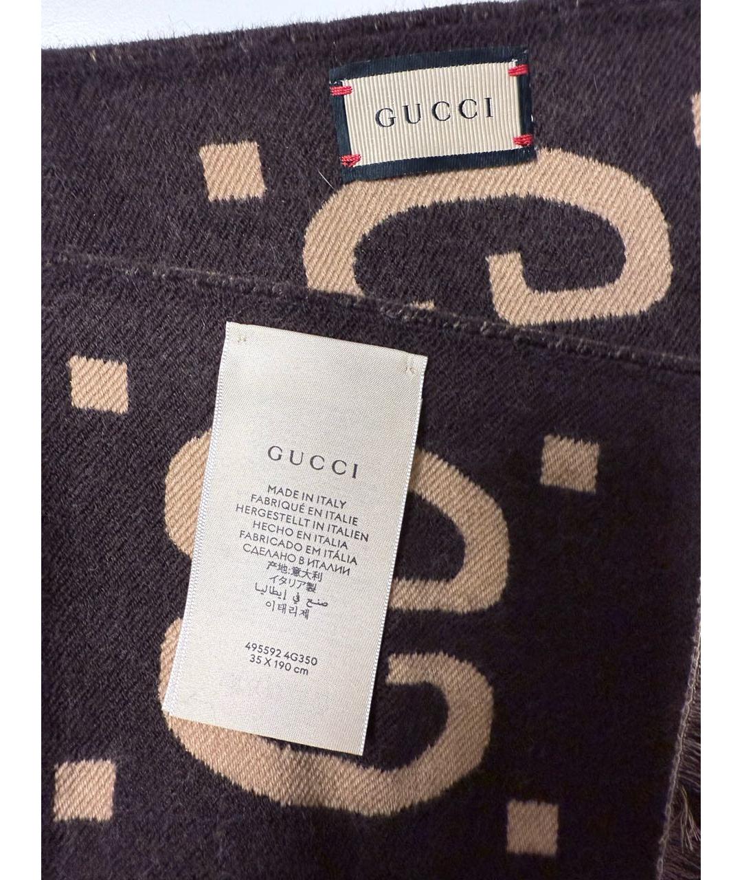 GUCCI Коричневый шерстяной шарф, фото 4