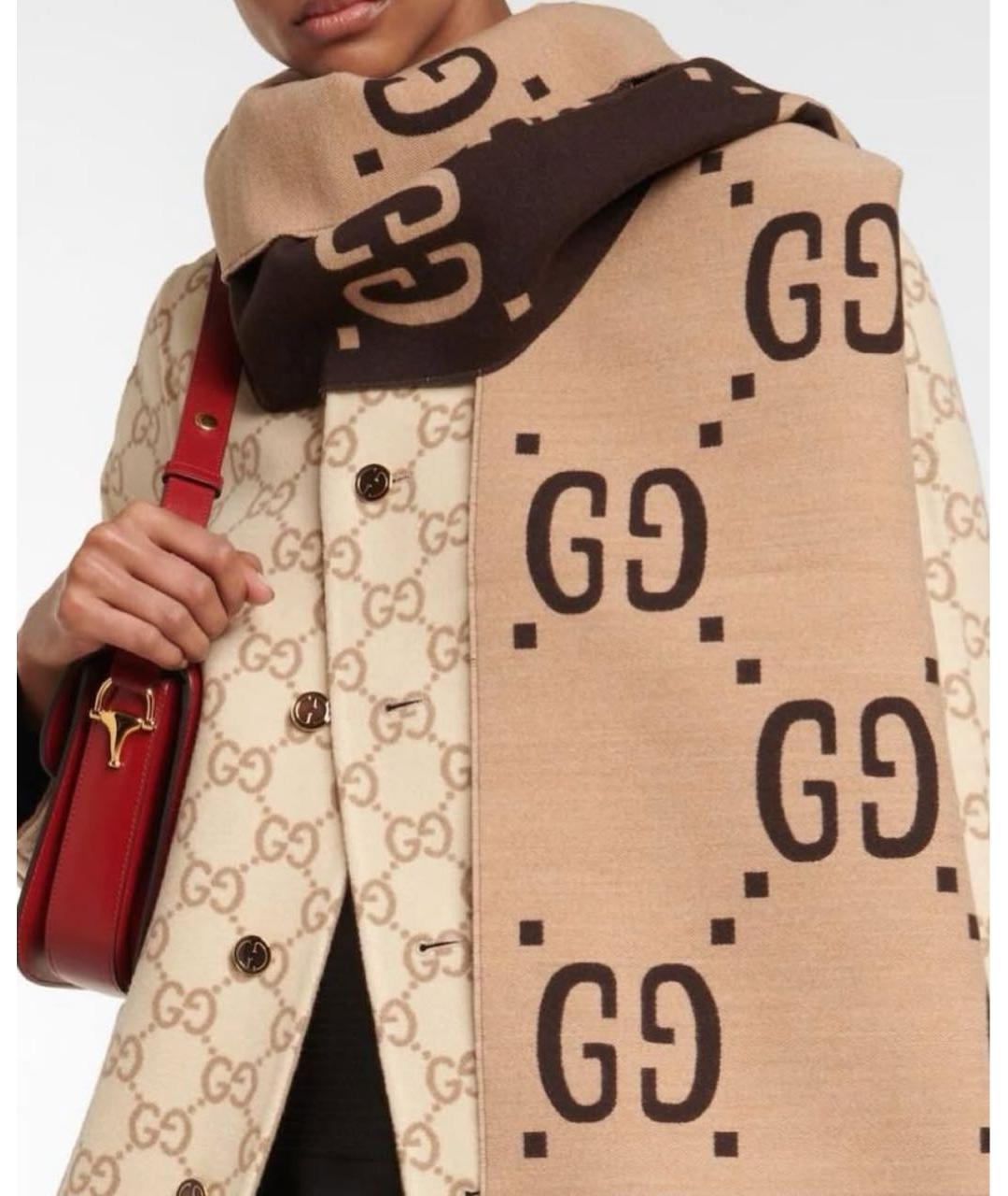 GUCCI Коричневый шерстяной шарф, фото 7