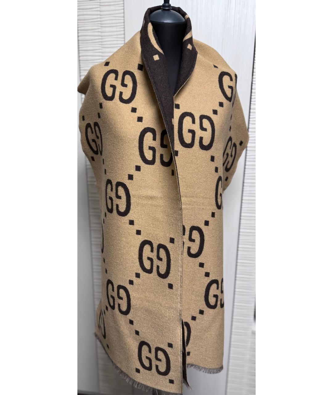 GUCCI Коричневый шерстяной шарф, фото 2