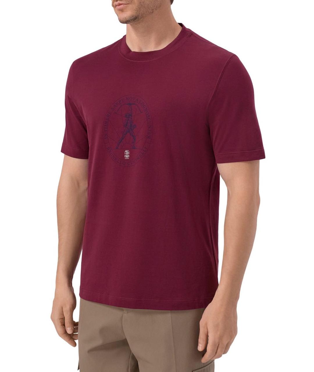 BRUNELLO CUCINELLI Бордовая хлопковая футболка, фото 3