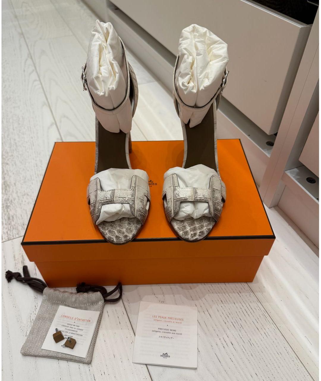 HERMES Белые босоножки из кожи крокодила, фото 3