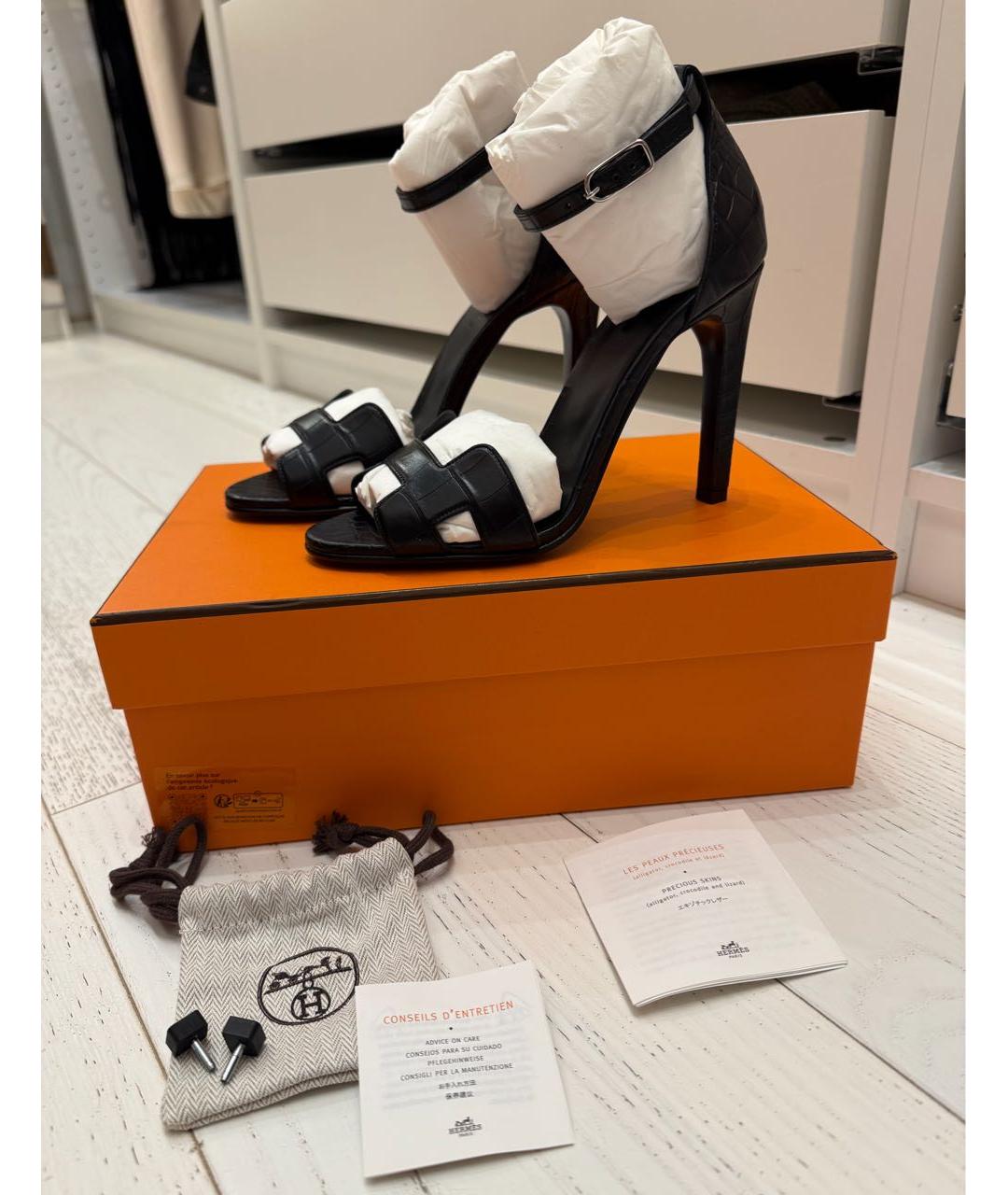 HERMES Черные босоножки из кожи аллигатора, фото 2