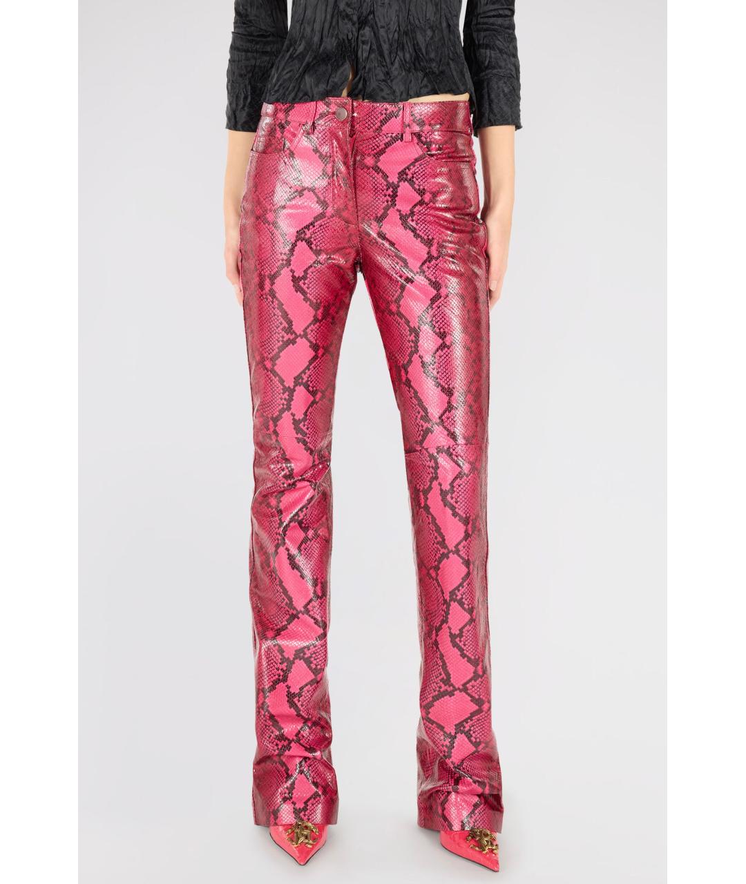 ROBERTO CAVALLI Розовые кожаные прямые брюки, фото 3