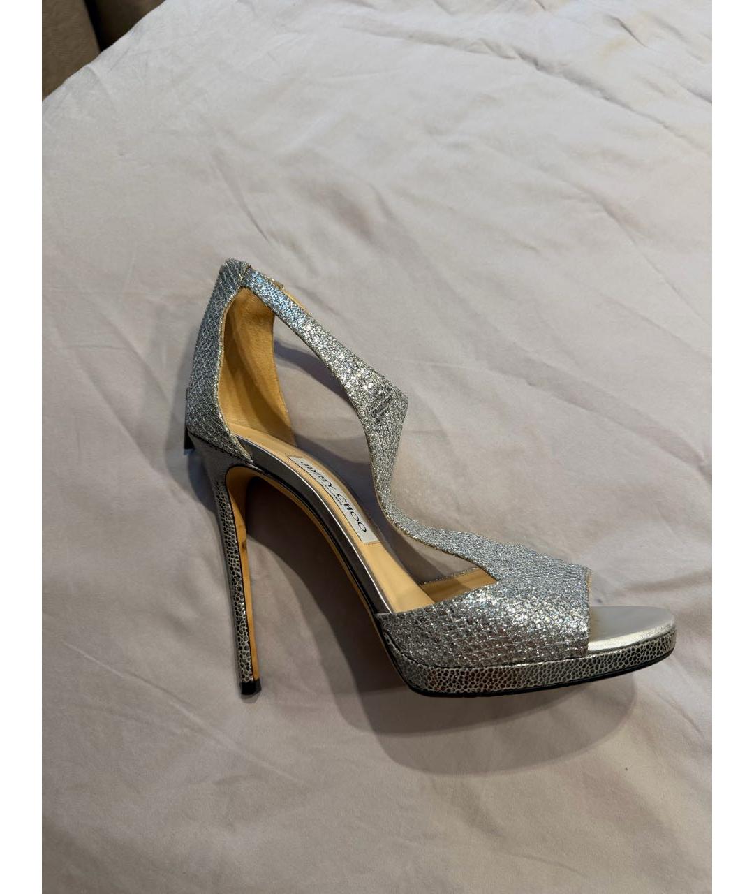 JIMMY CHOO Серебряные кожаные босоножки, фото 8