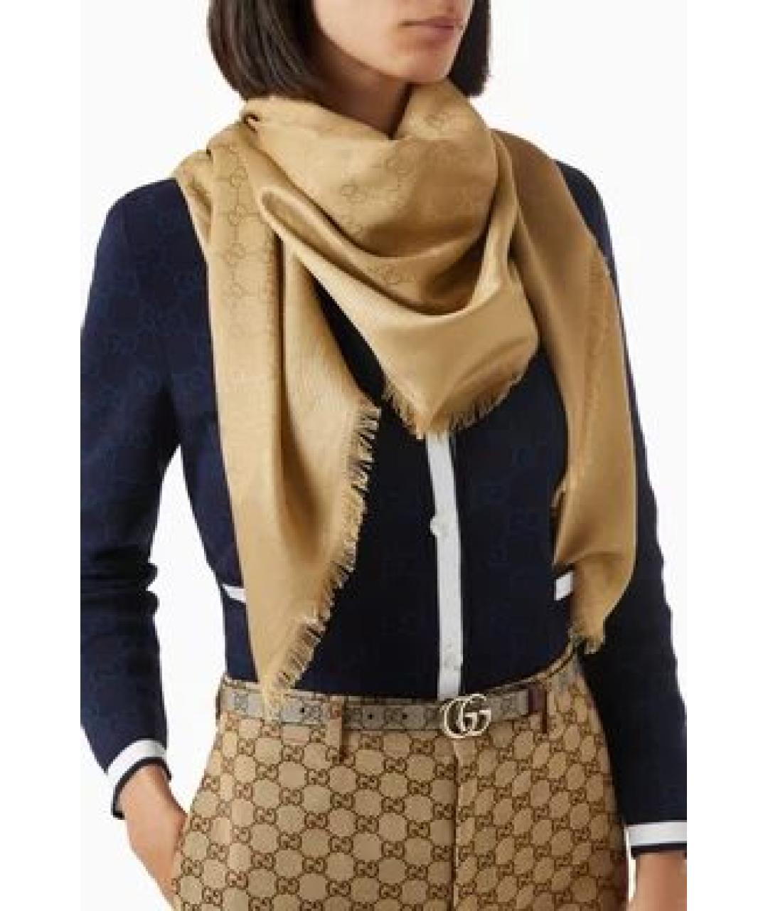 GUCCI Бежевый шелковый платок, фото 2