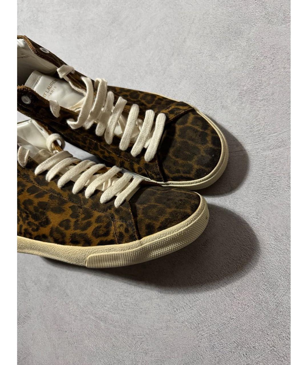 SAINT LAURENT Коричневые кожаные высокие кроссовки / кеды, фото 4