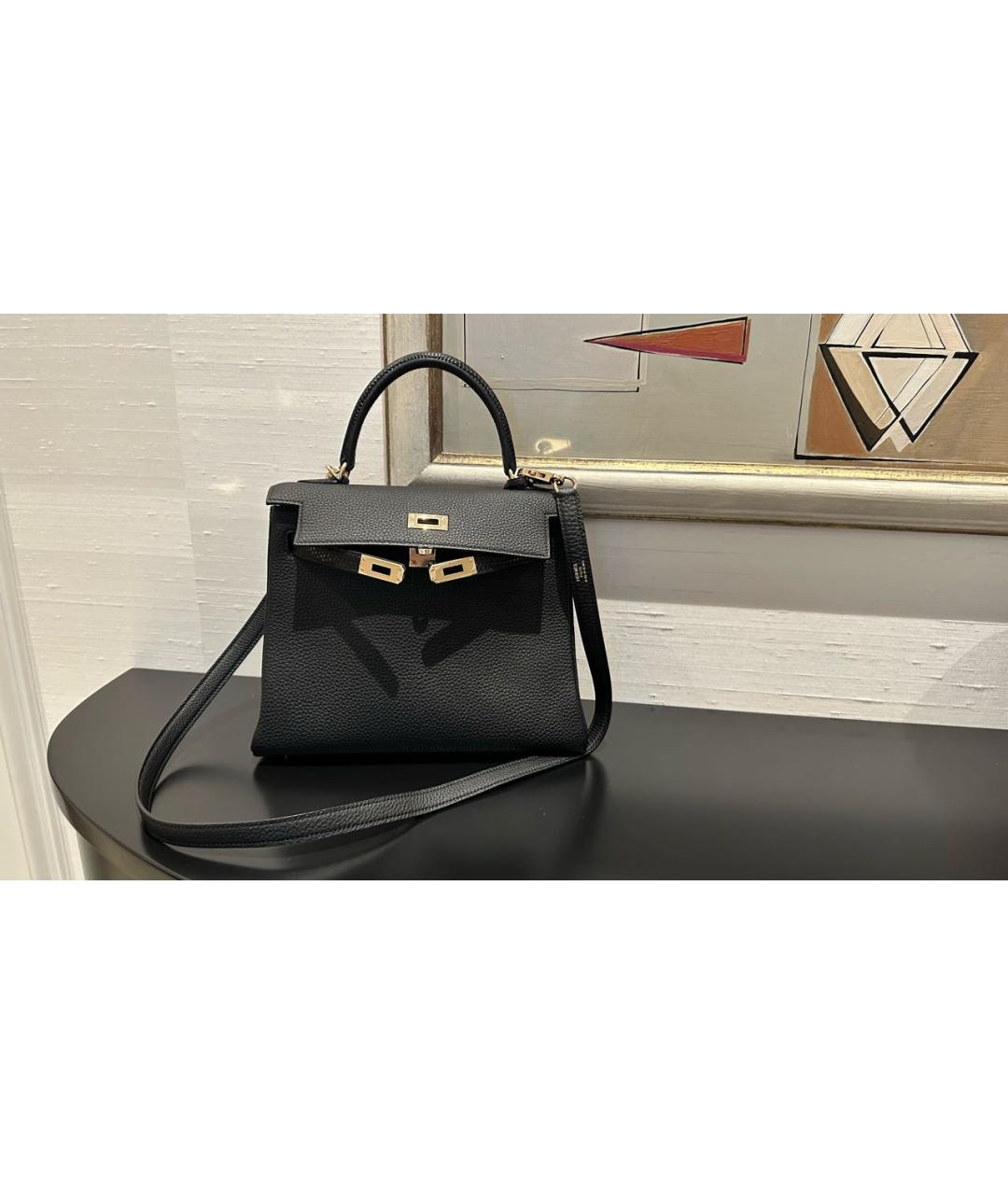 HERMES Черная кожаная сумка с короткими ручками, фото 6