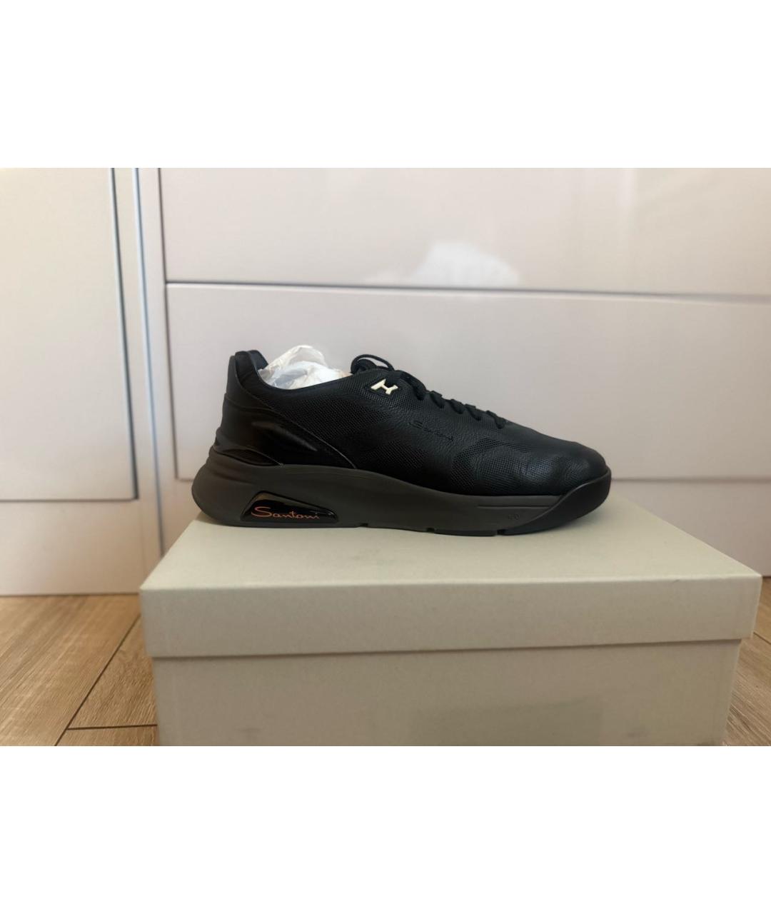 SANTONI Черные кожаные низкие кроссовки / кеды, фото 6